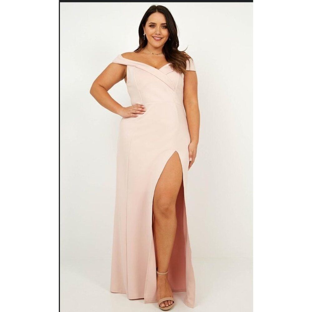 Xscape Women Blush Off Shoulder Crepe Formal Maxi Dress Size 18W